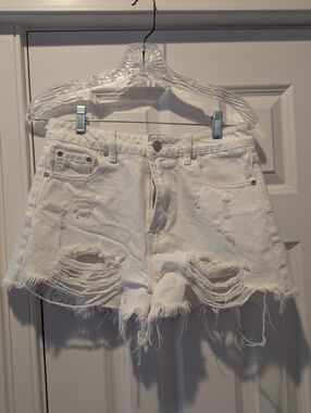 Grey Lab White Distressed Denim Shorts - Women's High-Rise Cutoff Size M
